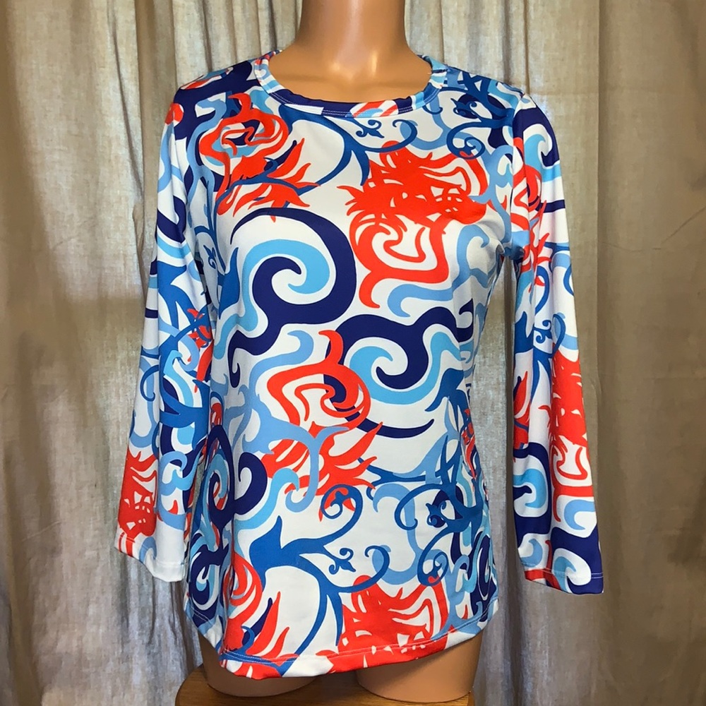Michelle Parisou blouse. Red white blue small golf classic couture